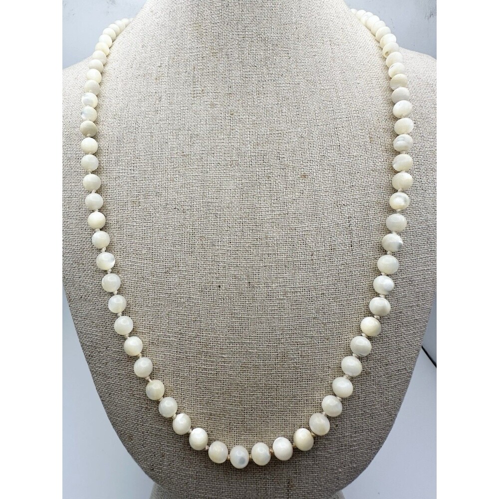Vintage Mother of Pearl MOP Bead Hand-knotted Long Necklace 22”